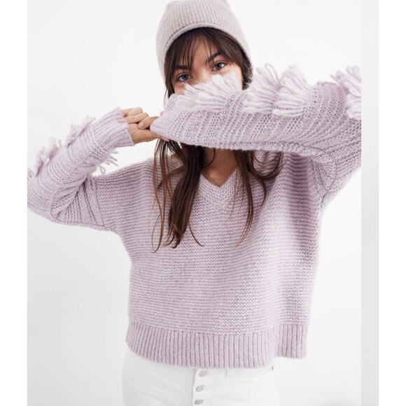 Madewell Sweaters - Madewell Chic Fringe-Sleeve V-Neck Pullover Sweater - Heather Periwinkle